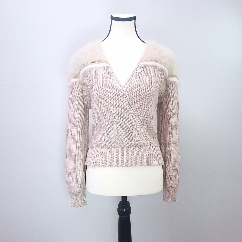 Ms Kipps Vintage 1980s V-Neck Soft Metallic Knit Sweater with Wool-Angora Trim